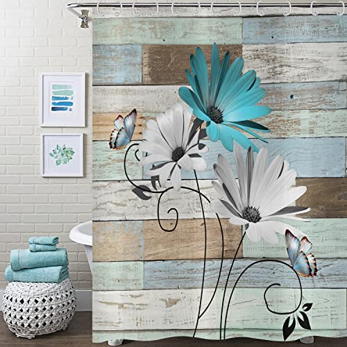 Hnmdmyi Duschvorhang Rustikaler Blumen 180x200, Bauernhaus Türkis Gänseblümchen Blume und Schmetterling auf Vintage Holzbrett Badewanne Vorhang Land Scheune Tür Wasserdicht Stoff Waschbar Badevorhang von Hnmdmyi