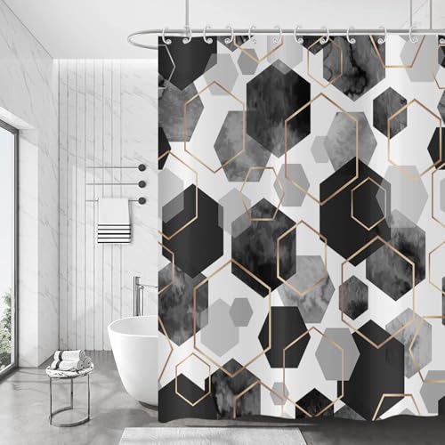 Hnmdmyi Duschvorhang Schwarz 180x180, Moderne Geometrische Sechseck Abstrakte Kunst Badewanne Vorhang Wasserdicht Polyester Stoff Waschbar Badevorhang für Badezimmer mit Haken Hnmdmyi Duschvorhang Schwarz 180x180, Moderne Geometrische Sechseck Abstrakte Kunst Badewanne Vorhang Wasserdicht Polyester Stoff Waschbar Badevorhang für Badezimmer mit Haken von Hnmdmyi