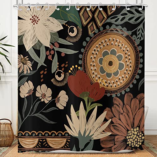 Hnmdmyi Duschvorhang Schwarz Boho Blumen 180x200, Vintage Abstrakt Bohème Blume Botanisch Badewanne Vorhang Mid Century Modern Ästhetisch Retro Wasserdicht Polyester Stoff Waschbar Badevorhang von Hnmdmyi