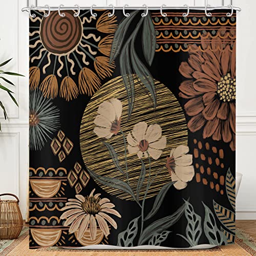 Hnmdmyi Duschvorhang Schwarz Boho Blumen 180x200, Vintage Abstrakt Bohème Blume Botanisch Badewanne Vorhang Mid Century Modern Ästhetisch Retro Wasserdicht Polyester Stoff Waschbar Badevorhang von Hnmdmyi