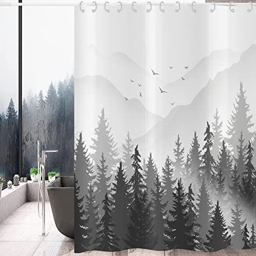 Hnmdmyi Duschvorhang Schwarz und Weiß 180x180, Nebliger Wald Berg Ombre Grau Natur Baum Waldland Landschaft Badewanne Vorhang Wasserdicht Polyester Stoff Waschbar Badevorhang für Badezimmer mit Haken von Hnmdmyi