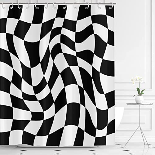 Hnmdmyi Duschvorhang Schwarz und Weiß Groovy Schachbrett 180x200, 70s Retro Modern Abstrakt Psychedelisch Groovy Wellig Ästhetisch Hippie Funky Wasserdicht Polyester Stoff Waschbar Badewanne Vorhang von Hnmdmyi