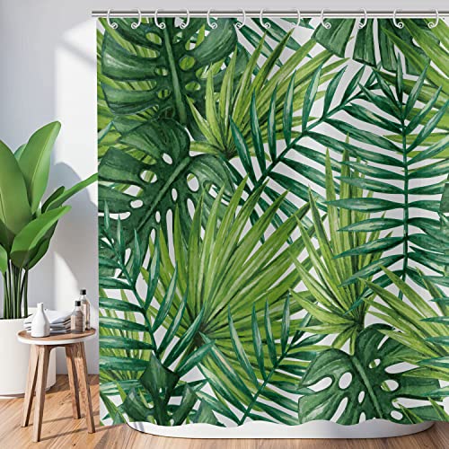 Hnmdmyi Duschvorhang Tropischer Blätter 165x180, Grüne Palmenblätter Duschvorhänge Dschungel Pflanze Botanisch Badewanne Vorhang Wasserdicht Polyester Stoff Waschbar Badevorhang mit Haken von Hnmdmyi