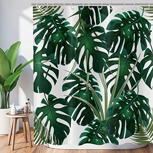 Hnmdmyi Duschvorhang Tropischer Blätter 180x200, Dunkelgrüne Palmenblätter Duschvorhänge Dschungel Pflanze Botanisch Badewanne Vorhang Wasserdicht Polyester Stoff Waschbar Badevorhang mit Haken von Hnmdmyi