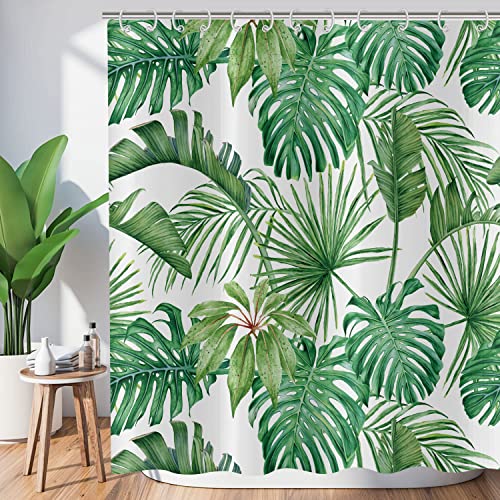 Hnmdmyi Duschvorhang Tropischer Blätter 180x200, Grüne Palmenblätter Duschvorhänge Dschungel Pflanze Botanisch Badewanne Vorhang Wasserdicht Polyester Stoff Waschbar Badevorhang mit Haken von Hnmdmyi