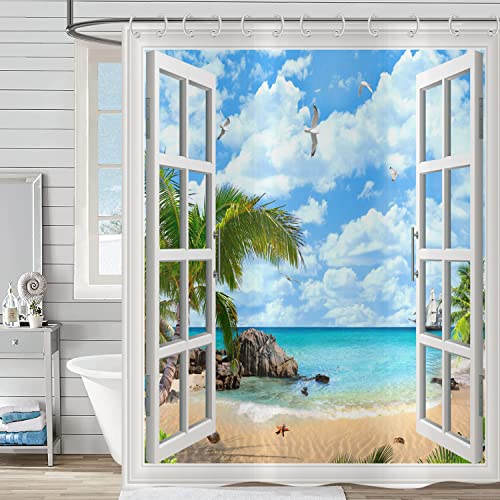 Hnmdmyi Duschvorhang Tropischer Strand 165x180, Ozean Insel Hawaii Palme Durch Weiße Holzfenster Seaside Natur Szenerie Badewanne Vorhang Wasserdicht Polyester Stoff Waschbar Badevorhang mit Haken von Hnmdmyi