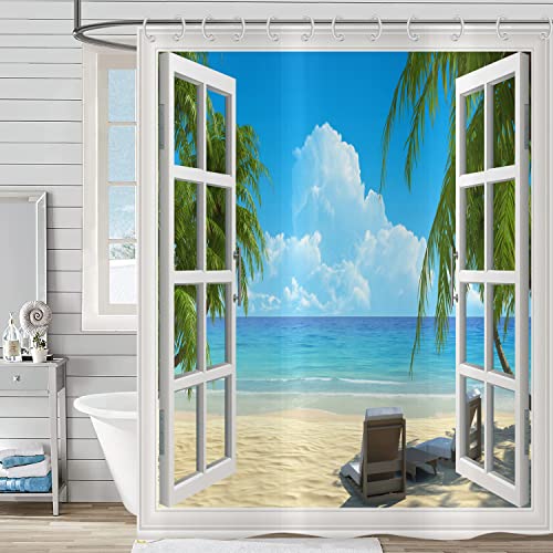Hnmdmyi Duschvorhang Tropischer Strand 180x200, Ozean Insel Hawaii Palme Durch Weiße Holzfenster Seaside Natur Szenerie Badewanne Vorhang Wasserdicht Polyester Stoff Waschbar Badevorhang mit Haken von Hnmdmyi
