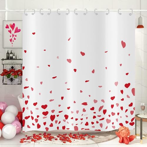 Hnmdmyi Duschvorhang Valentinstag 180x220, Aquarell Fallende Rote Liebe Herzen Badewanne Vorhang Wasserdicht Polyester Stoff Waschbar Badevorhang für Badezimmer mit Haken von Hnmdmyi