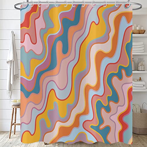 Hnmdmyi Duschvorhang Vintage Abstrakte Kunst 180x240, Pastell Regenbogen Bunte Groovy Wellen Streifen Geometrische Badewanne Vorhang Ästhetische Retro Minimalistische Wasserdicht Stoff Badevorhang von Hnmdmyi