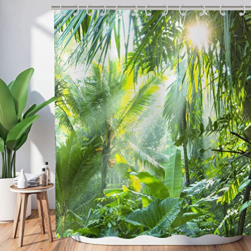 Hnmdmyi Duschvorhang Wald 120x180, Tropischer Dschungel Regenwald Grüne Palmen Baum Pflanze Natur Landschaft Szenerie Badewanne Vorhang Wasserdicht Polyester Stoff Waschbar Badevorhang mit Haken von Hnmdmyi