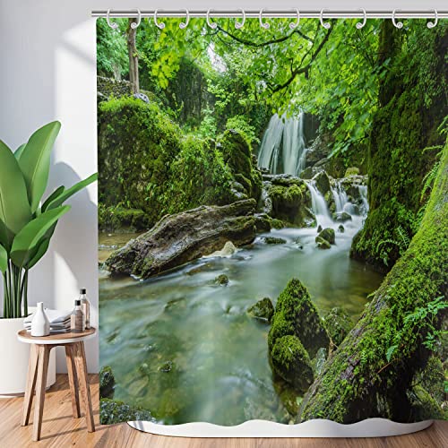 Hnmdmyi Duschvorhang Wald 120x180, Tropischer Dschungel Regenwald Grüner Baum Pflanze Natur Landschaft Wasserfall Szenerie Badewanne Vorhang Wasserdicht Polyester Stoff Waschbar Badevorhang mit Haken von Hnmdmyi