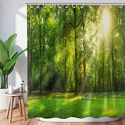 Hnmdmyi Duschvorhang Wald 120x200, Grüner Dschungel Hohe Bäume Sonnenschein Duschvorhänge Natur Landschaft 3D Szenerie Badewanne Vorhang Wasserdicht Polyester Stoff Waschbar Badevorhang mit Haken von Hnmdmyi