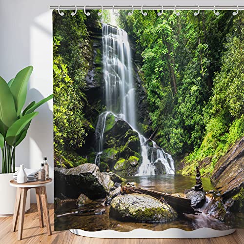 Hnmdmyi Duschvorhang Wald 120x200, Tropischer Dschungel Regenwald Grüner Baum Pflanze Natur Landschaft Wasserfall Szenerie Badewanne Vorhang Wasserdicht Polyester Stoff Waschbar Badevorhang mit Haken von Hnmdmyi