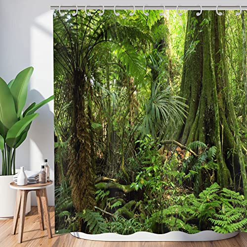 Hnmdmyi Duschvorhang Wald 180x200, Tropischer Dschungel Regenwald Grüner Baum Pflanze Natur Landschaft Szenerie Badewanne Vorhang Wasserdicht Polyester Stoff Waschbar Badevorhang für Badezimmer von Hnmdmyi