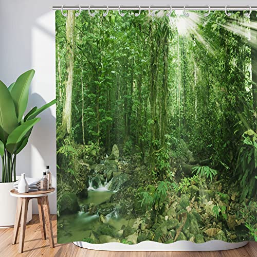 Hnmdmyi Duschvorhang Wald 180x200, Tropischer Dschungel Regenwald Grüner Baum Pflanze Natur Landschaft Szenerie Badewanne Vorhang Wasserdicht Polyester Stoff Waschbar Badevorhang für Badezimmer von Hnmdmyi