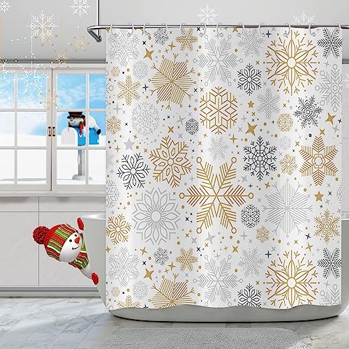 Hnmdmyi Duschvorhang Weihnachten 180x180, Grau und Gelb Schneeflocke Winter Xmas Holiday Happy New Year Weißes Bauernhaus Badewanne Vorhang Wasserdicht Polyester Stoff Waschbar Badevorhang mit Haken von Hnmdmyi