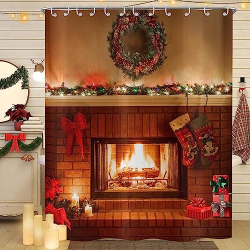 Hnmdmyi Duschvorhang Weihnachten 180x200, Kamin Bauernhaus Vintage Weihnachtsabend Strumpf Winter Xmas Urlaub Badewanne Vorhang Wasserdicht Polyester Stoff Waschbar Badevorhang mit Haken Hnmdmyi Duschvorhang Weihnachten 180x200, Kamin Bauernhaus Vintage Weihnachtsabend Strumpf Winter Xmas Urlaub Badewanne Vorhang Wasserdicht Polyester Stoff Waschbar Badevorhang mit Haken von Hnmdmyi
