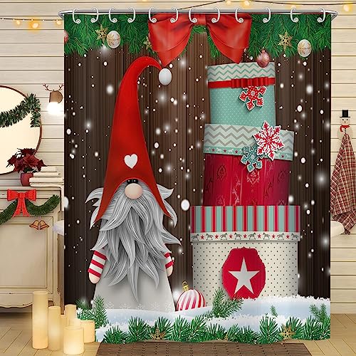 Hnmdmyi Duschvorhang Weihnachten 180x200, Niedlicher GNOME Bunte Geschenkboxen Xmas Rustikal Bauernhof Winter Urlaub Badewanne Vorhang Wasserdicht Polyester Stoff Waschbar Badevorhang mit Haken von Hnmdmyi