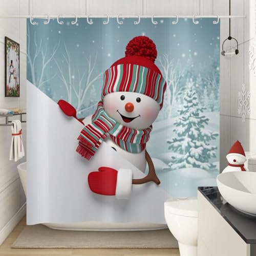 Hnmdmyi Duschvorhang Weihnachten 180x200, Winter Schneemann Wald Blau und Weiß Duschvorhänge Frohe Weihnachten Urlaub Badewanne Vorhang Wasserdicht Polyester Stoff Waschbar Badevorhang mit Haken von Hnmdmyi