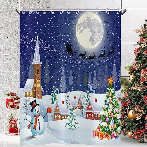Hnmdmyi Duschvorhang Weihnachten 180x200, Winterlandschaft Mond Schneemann Xmas Baum Urlaub Blau Weiß Badewanne Vorhang Wasserdicht Polyester Stoff Waschbar Badevorhang für Badezimmer mit Haken von Hnmdmyi