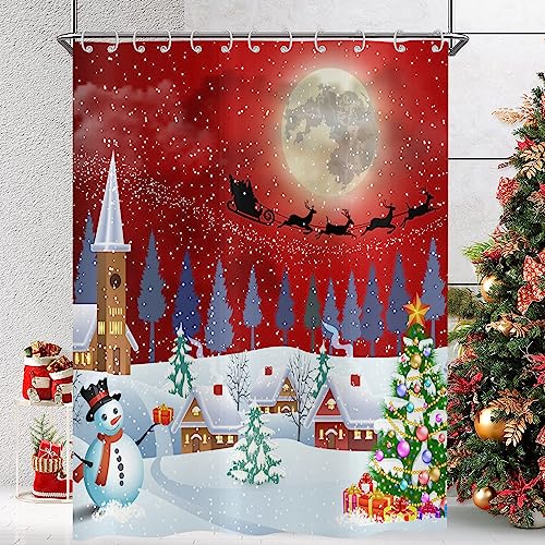 Hnmdmyi Duschvorhang Weihnachten 180x200, Winterlandschaft Mond Schneemann Xmas Baum Urlaub Rot Weiß Badewanne Vorhang Wasserdicht Polyester Stoff Waschbar Badevorhang für Badezimmer mit Haken von Hnmdmyi