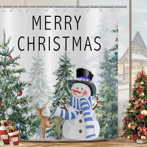 Hnmdmyi Duschvorhang Weihnachten 240x180, Winter Schneemann Hirsch Weihnachten Kiefer Wald Duschvorhänge Frohe Weihnachten Urlaub Badewanne Vorhang Wasserdicht Polyester Stoff Waschbar Badevorhang von Hnmdmyi