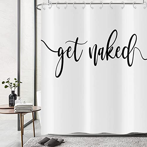 Hnmdmyi Duschvorhang Weiß 180x180, Schwarz Art Font Words Get Naked Duschvorhänge Funny Quotes Schöne und Coole Badewanne Vorhang Wasserdicht Polyester Stoff Waschbar Badevorhang mit Haken von Hnmdmyi