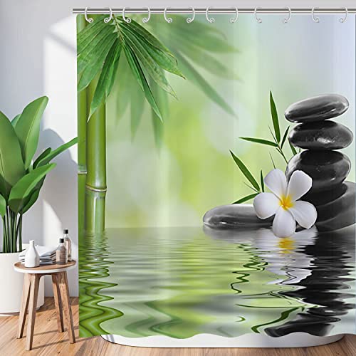 Hnmdmyi Duschvorhang Zen Garten 180x240, Spa Grüner Bambus Schwarzer Stein Weiße Blume Badewanne Vorhang Japanische Meditation Entspannend Wasserdicht Polyester Stoff Waschbar Badevorhang mit Haken von Hnmdmyi