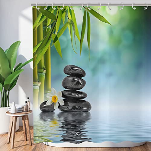 Hnmdmyi Duschvorhang Zen Garten 90x180, Spa Grüner Bambus Schwarzer Stein Weiße Blume Badewanne Vorhang Japanische Meditation Entspannend Wasserdicht Polyester Stoff Waschbar Badevorhang mit Haken von Hnmdmyi