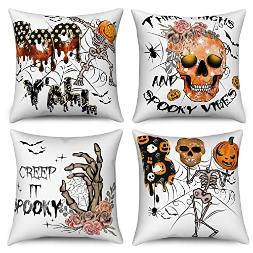 Hnmdmyi Halloween Kissenbezug 40x40 4er Set, Boo Schädel Spooky Kürbis Spinnennetz Fledermaus Bauernhaus Dekorative Kissenbezüge Leinen Kissenhülle für Sofa Couch Bett Garten Outdoor Home Decor von Hnmdmyi