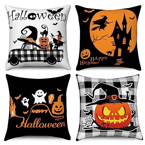 Hnmdmyi Halloween Kissenbezug 40x40 4er Set, Hexenhut Schwarze Katze Kürbis Büffel Plaid LKW Fledermaus Schloss Geist Dekorative Kissenbezüge Leinen Kissenhülle für Sofa Couch Bett Outdoor Home Decor von Hnmdmyi