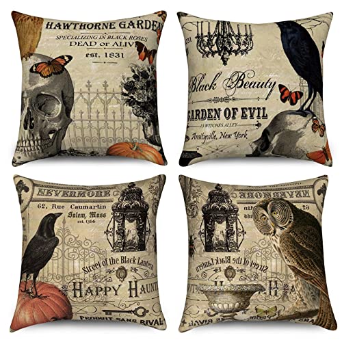 Hnmdmyi Halloween Kissenbezug 40x40 4er Set, Krähe Kürbis Schädel und Eule Vintage Halloween Bauernhaus Dekorative Kissenbezüge Leinen Kissenhülle für Sofa Couch Bett Garten Outdoor Home Decor von Hnmdmyi