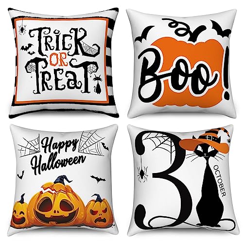 Hnmdmyi Halloween Kissenbezug 40x40 4er Set, Trick or Treat Fledermaus Spinnennetz Schwarz Katze Boo Kürbis Dekorative Kissenbezüge Leinen Kissenhülle für Sofa Couch Bett Garten Outdoor Home Decor von Hnmdmyi