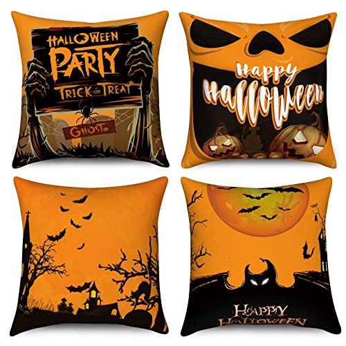 Hnmdmyi Halloween Kissenbezug 45x45 4er Set, Halloween Party Trick or Treat Spooky Kürbis Schloss Toter Baum Fledermaus Dekorative Kissenbezüge Schwarz Orange Leinen Kissenhülle für Sofa Home Decor von Hnmdmyi