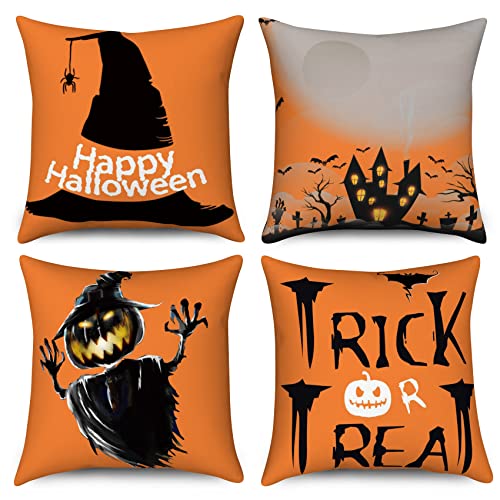 Hnmdmyi Halloween Kissenbezug 45x45 4er Set, Hexenhut Schloss Toter Baum Fledermaus Kürbis Trick or Treat Dekorative Kissenbezüge Schwarz Orange Leinen Kissenhülle für Sofa Couch Outdoor Home Decor von Hnmdmyi