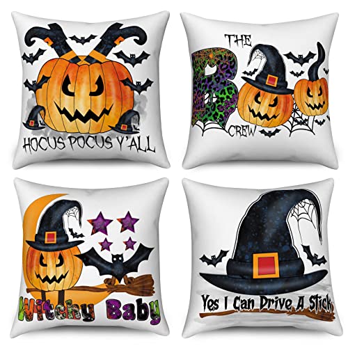 Hnmdmyi Halloween Kissenbezug 45x45 4er Set, Hocus Pocus Kürbis Fledermaus Boo Hexenhut Spinnennetz Dekorative Kissenbezüge Leinen Kissenhülle für Sofa Couch Bett Garten Outdoor Home Decor von Hnmdmyi