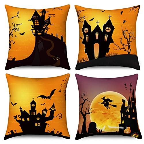 Hnmdmyi Halloween Kissenbezug 45x45 4er Set, Schloss Toter Baum Fledermaus Vollmond Kürbis Bauernhaus Dekorative Kissenbezüge Schwarz Orange Leinen Kissenhülle für Sofa Couch Bett Outdoor Home Decor von Hnmdmyi