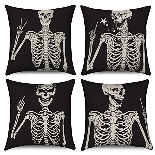 Hnmdmyi Halloween Kissenbezug 45x45 4er Set, Skelett Vintage Gothic Spooky Schädel Urlaub Dekorative Kissenbezüge Leinen Quadratische Kissenhülle für Sofa Couch Bett Garten Outdoor Home Decor von Hnmdmyi