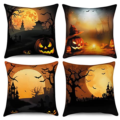 Hnmdmyi Halloween Kissenbezug 45x45 4er Set, Spooky Kürbis Vollmond Schloss Toter Baum Fledermaus Dekorative Kissenbezüge Schwarz Orange Leinen Kissenhülle für Sofa Couch Bett Outdoor Home Decor von Hnmdmyi