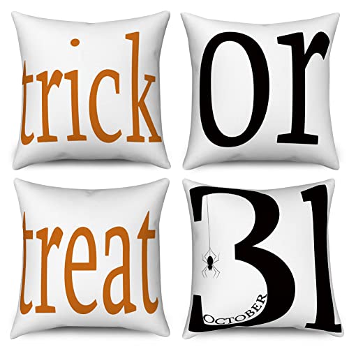 Hnmdmyi Halloween Kissenbezug 45x45 4er Set, Trick or Treat Orange Schwarz Urlaub Bauernhaus Dekorative Kissenbezüge Leinen Quadratische Kissenhülle für Sofa Couch Bett Garten Outdoor Home Decor von Hnmdmyi