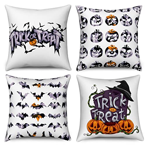 Hnmdmyi Halloween Kissenbezug 45x45 4er Set, Trick or Treat Spooky Kürbis Fledermaus Bauernhof Dekorative Kissenbezüge Leinen Quadratische Kissenhülle für Sofa Couch Bett Garten Outdoor Home Decor von Hnmdmyi