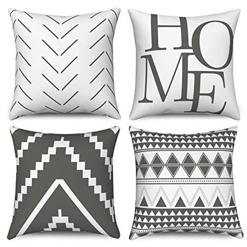 Hnmdmyi Kissenbezüge Grau und Weiß 40x40 4er Set, Boho Kissenbezüge Bauernhaus Modern Einfaches Geometrisches Muster Dekorative Leinen Kissenhülle für Sofa Couch Bett Garten Outdoor Home Decor von Hnmdmyi