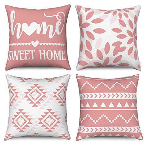 Hnmdmyi Kissenbezüge Rosa und Weiß 40x40 4er Set, Boho Kissenbezüge Sweet Home Bauernhaus Modern Geometrisch Neutral Dekorative Leinen Kissenhülle für Sofa Couch Bett Garten Outdoor Home Decor von Hnmdmyi