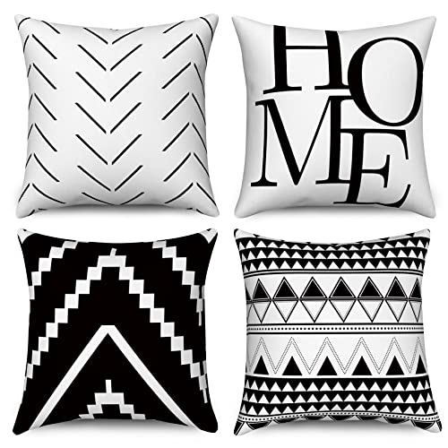 Hnmdmyi Kissenbezüge Schwarz und Weiß 40x40 4er Set, Boho Kissenbezüge Bauernhaus Modern Einfaches Geometrisches Muster Dekorative Leinen Kissenhülle für Sofa Couch Bett Garten Outdoor Home Decor von Hnmdmyi