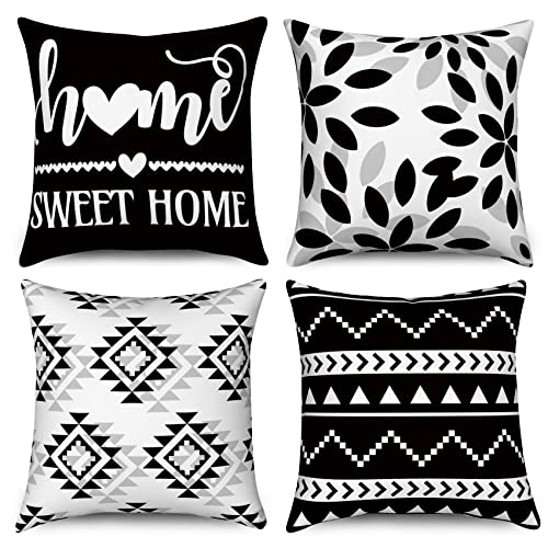 Hnmdmyi Kissenbezüge Schwarz und Weiß 45x45 4er Set, Boho Kissenbezüge Sweet Home Bauernhaus Modern Geometrisch Neutral Dekorative Leinen Kissenhülle für Sofa Couch Bett Garten Outdoor Home Decor von Hnmdmyi