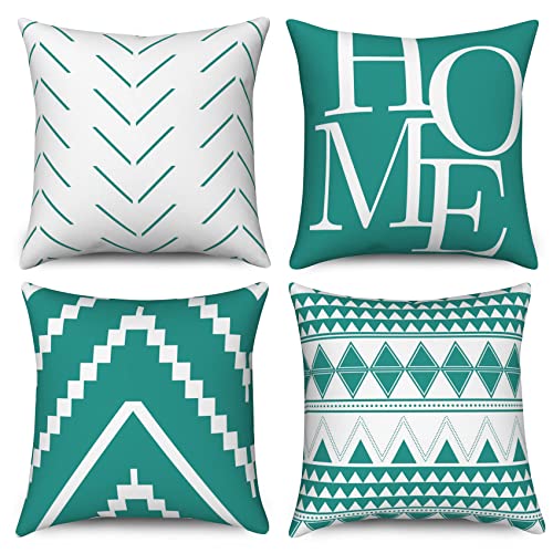 Hnmdmyi Kissenbezüge Türkis und Weiß 40x40 4er Set, Boho Kissenbezüge Bauernhaus Modern Einfaches Geometrisches Muster Dekorative Leinen Kissenhülle für Sofa Couch Bett Garten Outdoor Home Decor von Hnmdmyi