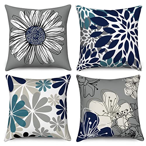 Hnmdmyi Kissenbezug Blau 45x45 4er Set, Marineblau und Grau Blumen Dekorative Kissenbezüge Modernes Gänseblümchen Bauernhaus Boho Leinen Kissenhülle für Sofa Couch Bett Garten Outdoor Home Decor von Hnmdmyi