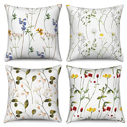 Hnmdmyi Kissenbezug Blumen 40x40 4er Set, Bunte Wildblume Grünes Blatt Pflanze Botanisch Dekorative Kissenbezüge Quadratisch Leinen Kissenhülle für Sofa Couch Bett Garten Outdoor Home Decor von Hnmdmyi