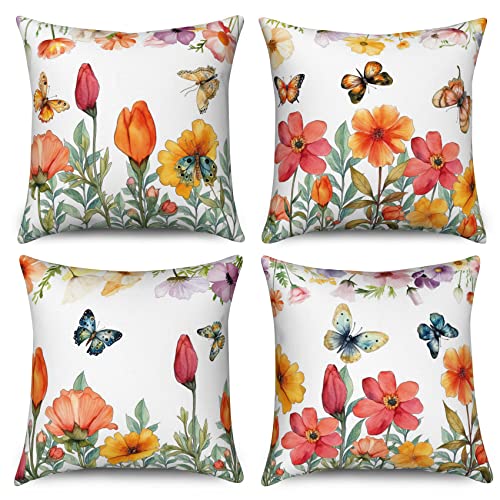 Hnmdmyi Kissenbezug Blumen 50x50 4er Set, Bauernhaus Garten Terrasse Bunte Blumen Schmetterling Dekorative Kissenbezüge Ästhetische Leinen Kissenhülle für Sofa Couch Bett Garten Outdoor Home Decor von Hnmdmyi