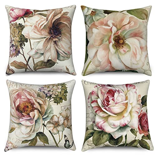 Hnmdmyi Kissenbezug Blumen 50x50 4er Set, Bauernhaus Vintage Blume Schmetterling Dekorative Kissenbezüge Ästhetische Kunst Beige Leinen Kissenhülle für Sofa Couch Bett Garten Outdoor Home Decor von Hnmdmyi